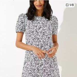 LOFT New Size 6 Linen Blend Shift Floral Ruched Black White Dress